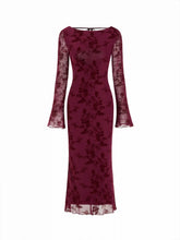 Velvet Boat Neck Floral Lace Backless Tie Back Maxi Dress