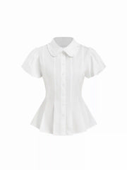 Cotton-blend Puff Sleeve Peter Pan Collar Peplum Blouse