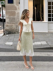 Jacquard Mid Rise Floral Lace Trim Mermaid Midi Skirt