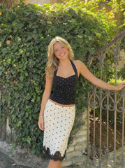 Cotton Polka Dot Halter Neck Ruched Tie Back Top