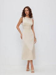 Satin Boat Neck Backless Bowknot Ruched A-line Midi Dress