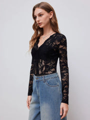 Lace Floral See Through Bodysuit