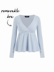 Cotton-blend V-neck Babydoll Lace Trim Peplum Long Sleeve Top