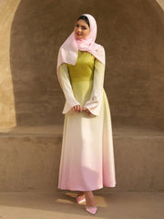 Satin Stand Collar Gradient Lace Up Bell Sleeve Flared Maxi Dress