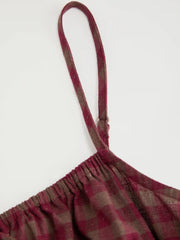 Cotton-blend Square Neck Plaid Lettuce Trim Tie Front Asymmetrical Hem Maxi Dress
