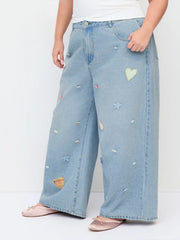 Cider Denim Mid Rise Heart & Star Appliques Floral Baggy Jeans Curve & Plus