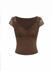 Lace Trim Sweetheart Neck Short Sleeve Tee