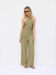 Textured Halter Neck Asymmetrical Top & Low Rise Straight Leg Trousers Set