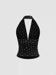Cotton-blend Halter Cowl Neck Polka Dot Ruched Top