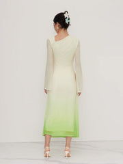 Mesh Asymmetrical Neck Gradient Twist Ruched Maxi Dress