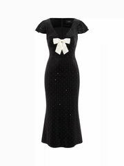 Velvet V-neck Polka Dot Bowknot Rhinestone Mermaid Maxi Dress