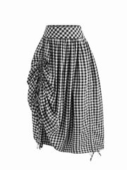 Multi-way Cotton-blend Mid Rise Gingham Drawstring Ruffle Hem Maxi Skirt