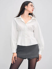 Woven Collar Corset Solid Long Sleeve Shirt