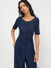 Boat Neck Button Mid-length Sleeve Jumpsuit