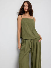 Stripe Square Neck Tank Top & Drawstring Wide Leg Trousers Set