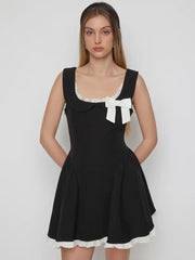 Cotton-blend Peter Pan Collar Bowknot Ruffled A-line Mini Dress