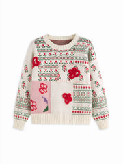 Knit Round Neckline Floral Patched Long Sleeve Top Curve & Plus