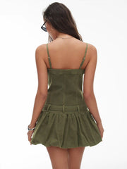 Denim Slim Fit High Rise Bubble Mini Dress With Belt