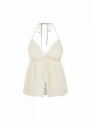 Halter Neckline Lace Trim Split Cami Blouse