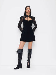 Velvet Stand Collar Long Sleeve Lace Mesh Knotted Mini Dress