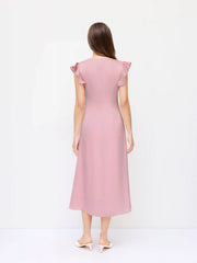 Satin V Neck Ruffle Sleeve Lace Maxi Dress