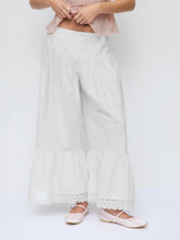 Cotton-blend Mid Rise Lace Trim Ruffle Wide Leg Trousers