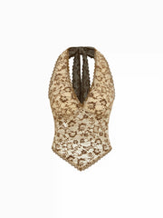 Lace Floral Jacquard Halter Neckline Bowknot Top