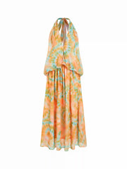 Chiffon Tie Dye V-neck Backless A-line Maxi Dress