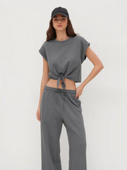 Cotton-blend Twist Roll-up Sleeve Top & Mid Rise Elastic Waist Straight Leg Trousers Set