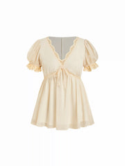Chiffon V-neck Puff Sleeve Lace Panel Tie Front Peplum Blouse