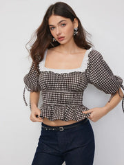 Gingham Square Neck Puff Sleeve Ruched Peplum Oversized Top