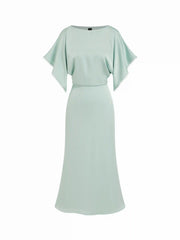 Satin Boat Neck Batwing Sleeve Lace Trim Maxi Dress