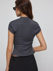 Ribbed Stand Collar Short Sleeve Solid Tee