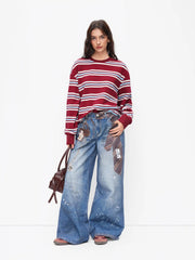 Cotton-blend Striped Round Neckline Long Sleeve Oversized Tee