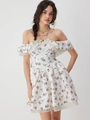Floral Off-shoulder Ruffle Sleeve Lace Panel Babydoll Mini Dress