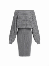 Cable Knit Off-shoulder Batwing Sleeve Split Midi Pencil Dress