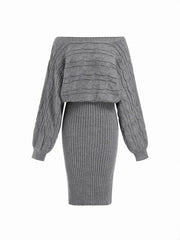 Cable Knit Off-shoulder Batwing Sleeve Split Midi Pencil Dress