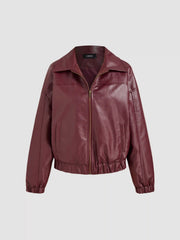 Faux Leather Collar Solid Pocket Zipper Bomber Jacket
