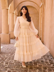 V-neck Lace Trim Tiered Ruffle Maxi Dress