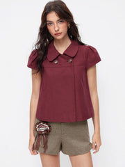 Cotton-blend Collar Double Breasted Short Puff Sleeve Oversized Blouse