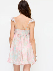 Chiffon Lace Ruffle sleeve Abstract Ruched Smock Dress