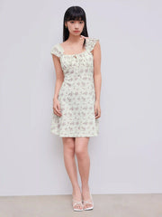Ditsy Floral Square Neck Drawstring Ruched Mini Dress