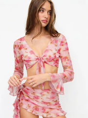 Floral Sweetheart Underwire Cheeky Bikini Set With Ruffled Asymmetrical Cover Up Set