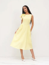 Linen-blend Boat Neck Bowknot Ruffle Midi Dress