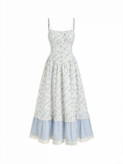Ditsy Floral Striped Ruched Lace Panel Tiered Cami Maxi Dress