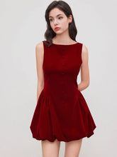 Velvet Boat Neck Ruffle Bubble Hem Mini Dress