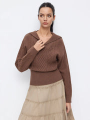 Cable Knit Collar Long Sleeve Cinched Waist Top
