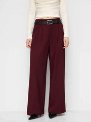 Mid Rise Plicated Wide Leg Trousers With Two Belts