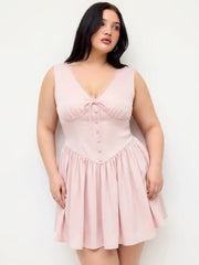 Satin V-neck Lace Panel Flared Mini Dress Curve & Plus