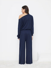 Cotton-blend Asymmetrical Neck Oversized Top & Mid Rise Drawstring Side Knotted Trousers Loungewear Set